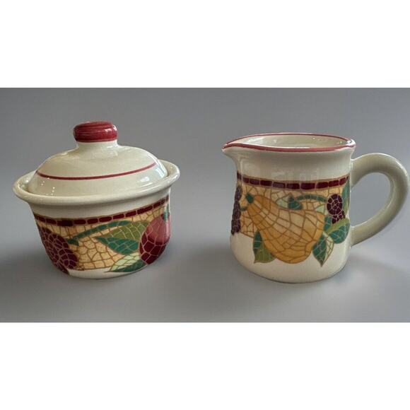 Pier 1 Imports Mosaic Fruit Creamer & Sugar Bowl w/ Lid Crafted In Italy EUC - Picture 1 of 4